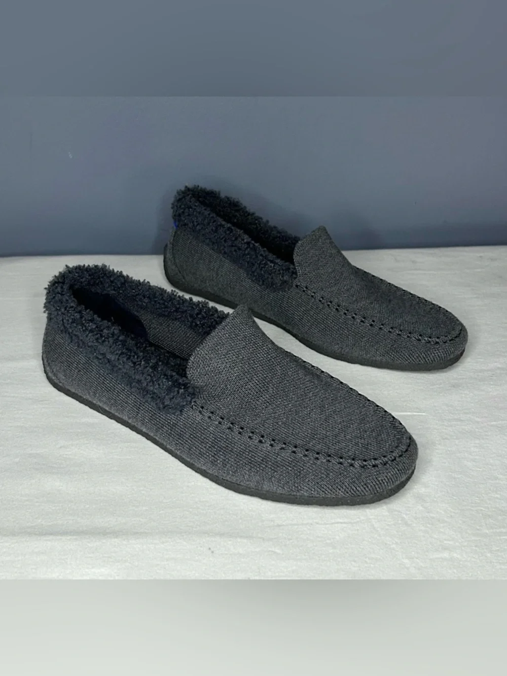 Rothys Shoes The Mens Slipper 8 Gray Knit Faux Shearling Merino Moccasin Loafers